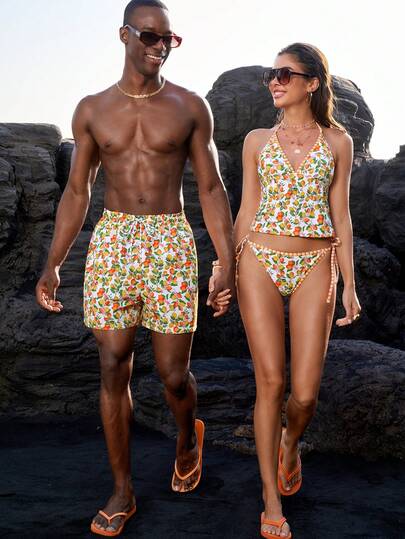 Manfinity VDAYZ 男士水果印花抽绳腰带沙滩短裤