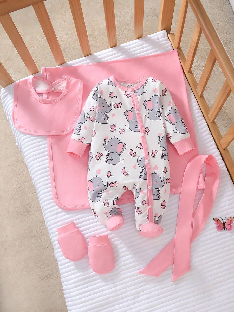 Bộ 5 món cho bé gái sơ sinh, áo liền quần dài tay cài khuy và quần, vải dệt kim, họa tiết voi dễ thương in kỹ thuật số, tông màu hồng. - Hồng - Xem 1