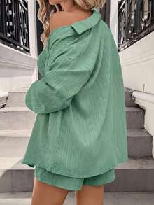 Sylviya 3件組女款休閒度假純色襯衫、抹胸上衣與短褲套裝，海灘度假穿搭，綠色兩件式套裝 - 軍綠色 - 查看 10