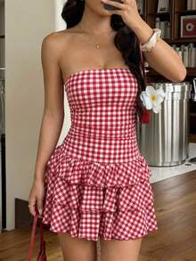 Muchica 女士夏季沙滩度假格纹印花褶皱腰部层叠荷叶边抹胸连衣裙 - 紅白色 - 查看 6