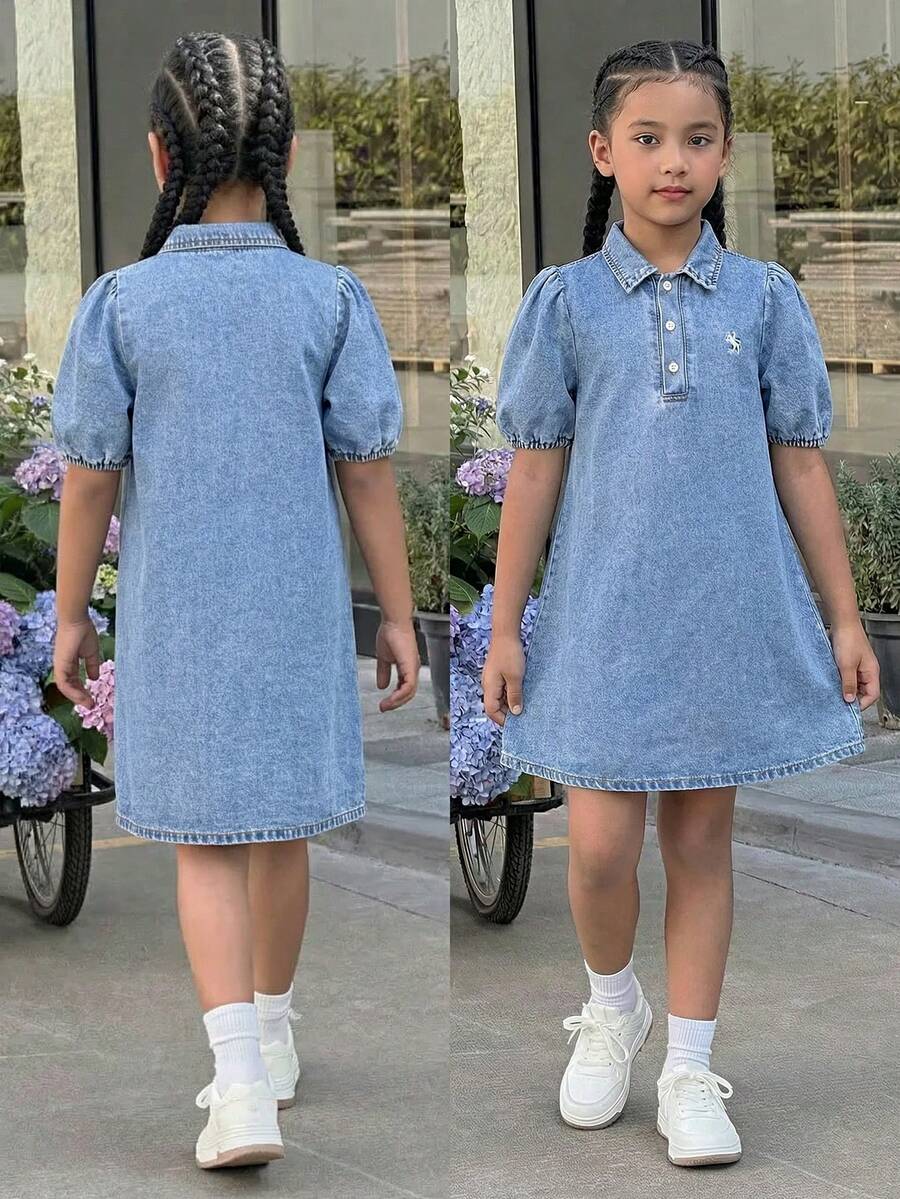 Tween Girls' Casual Denim Dress, New Arrival, Fashionable Minimalist Versatile Embroidered Washed Blue Denim Dress - Blue - View 1