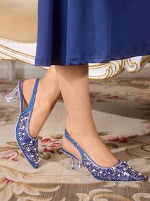 CUCCOO TILAWA 女士时尚优雅水晶异形鞋跟，镶钻尖头银色高跟鞋，适合宴会、派对等场合 - 藍色 - 查看 5
