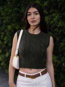 Andrea Bello Women's Olive Green Crew Neck Twist Knit Vest, Casual Versatile, Suitable For School/Campus Wear In Autumn/Winter,Christmas Sweater Women - Army Green - View 3