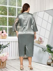 Ellevyn 大码女式提花圆领七分袖优雅褶裥连衣裙 - 綠色 - 查看 10