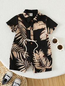 SHEIN Bộ áo liền quần tay ngắn kiểu dáng thường ngày mùa xuân/hè cho bé trai/bé gái sơ sinh, kiểu Hawaii. - màu nâu - Xem 4