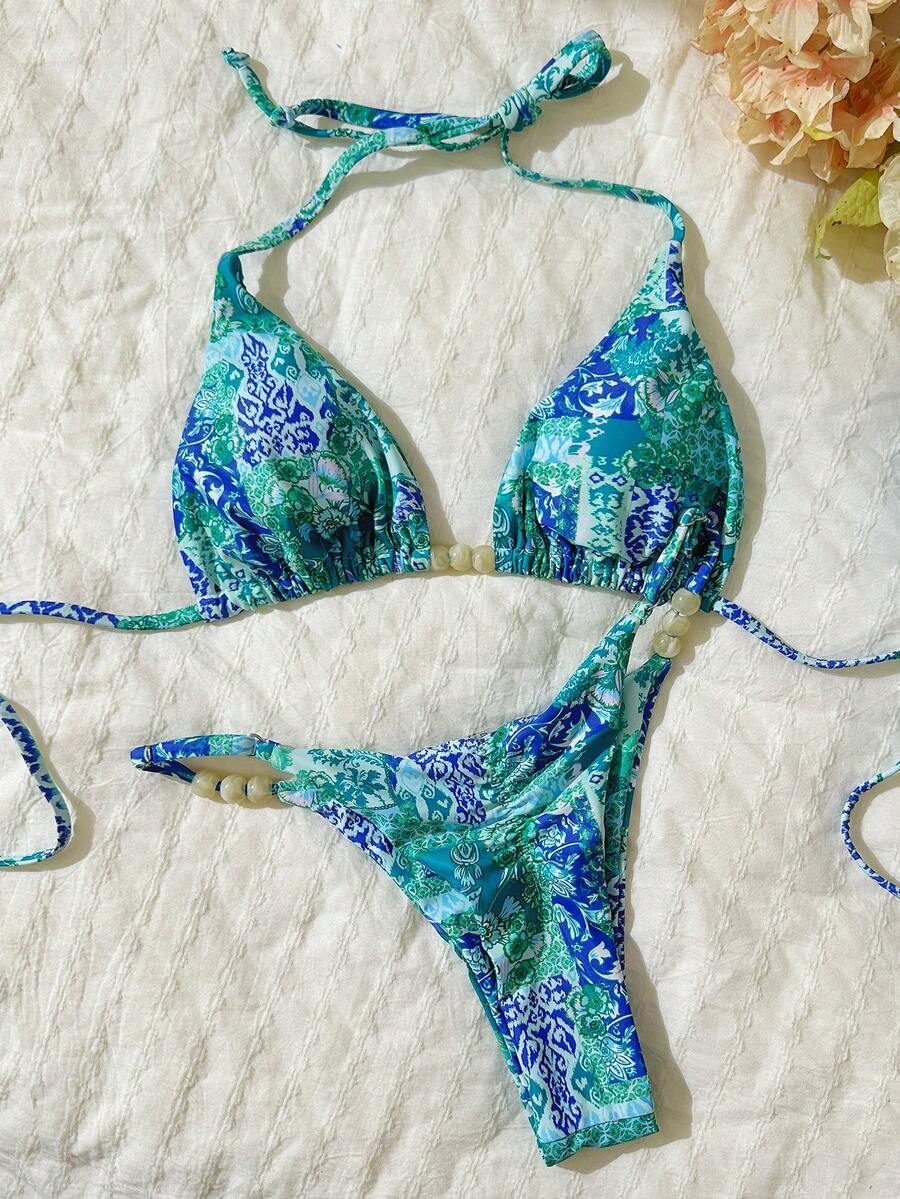 Elavelle Springbreak Women's Random Print Beaded Halter Sexy Bikini Swimsuit Set, Summer Beachwear Outfits - Multicolor - View 1