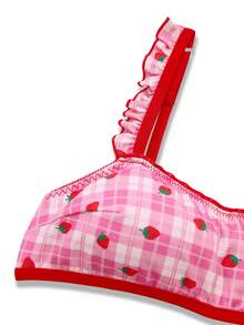 2pcs Strawberry Plaid Bra And Panty Set With Coasters, Sweet And Cute Lingerie For Teenage Girls - Pink - View 3