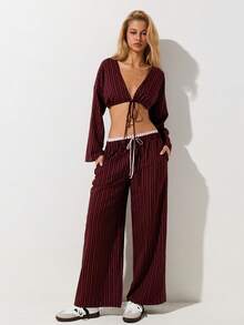SHEIN ICON Women's Tie Waist Striped Wide Leg Loose Casual Pants - Multicolor - View 6