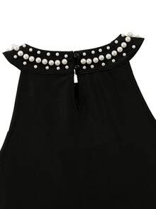 GlowEve 女士时尚串珠露背珍珠装饰黑色派对鸡尾酒礼服，优雅收腰A字中长连衣裙，适合通勤和日常穿着，春夏款 - 黑色 - 查看 4