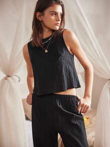 Lullawish Women Solid Color Backless Camisole And Pants Pajama Set - Black - View 6