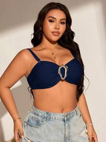 Swim Chiccia Top de bikini dintr-o singură piesă, sexy, cu decor metalic, de culoare solidă, cu umăr gol, potrivit pentru primăvară, mărime mare - Albastru marin - Vizualizare 4