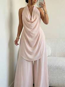 BamGleam Women Elegant Peach Pink Summer 2-Piece Set,Halter Draping Collar Sleeveless Open Back Top & Loose Wide-Leg Pants,Casual Chic Brunch Outfit Graduation - Apricot - View 3