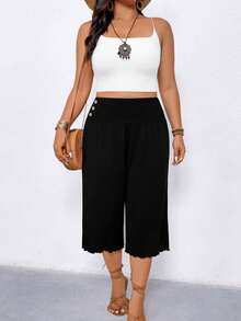 Elenzga Plus Size Women Casual Ruffle Waist Wide Leg Capri Pants - Black - View 3