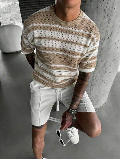Manfinity LEGND Herren Lässig Farbblock gestreiftes Cut-Out-Strick-Top, Frühling/Sommer