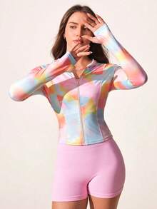 SHEIN Sovereign Charm 女士扎染拉链休闲百搭日常长袖运动夹克 - 彩色 - 查看 7