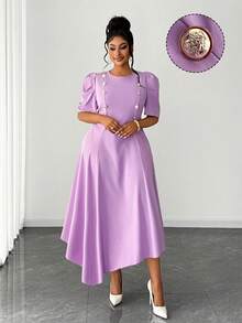 Maweii 女士优雅纯色圆领短袖不规则下摆泡泡袖手帕式下摆收腰连衣裙，饰有金属扣，适合度假、休闲、通勤、日常穿着，时尚设计，尺码齐全，从小码到大码均有，长款连衣裙 - 紫色 - 查看 2
