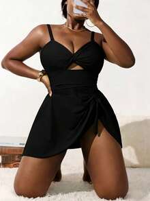 SHEIN Slayr CURVE Plus Size Solid Color Swimsuit Set For Women, Fluorescent Green Tankini With Detachable Straps - Black - View 7