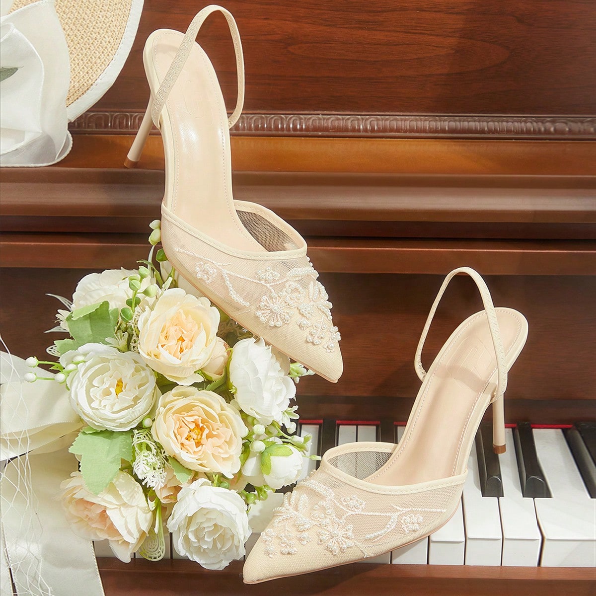 Zapatos de mujer para primavera y verano, elegantes, con bordado de perlas, puntiagudos, de tacón de aguja, de malla, de 9 cm de altura, zapatos de t