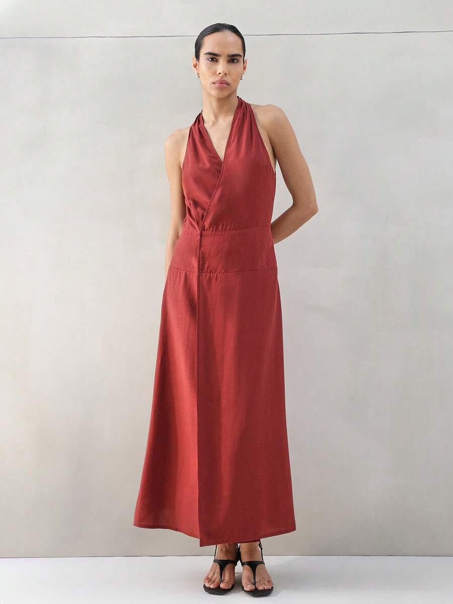 KSTM Women's Halter Wrap Maxi Dress With Deep V-Neck Cinched Waist Rust Orange Tiered Sleeveless Summer Evening Party Dress - Burgundy - View 1