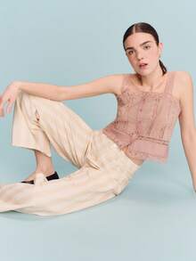 lacRébo Jeans de pierna ancha de cintura alta a rayas en beige para primavera y verano - Albaricoque - Ver 3