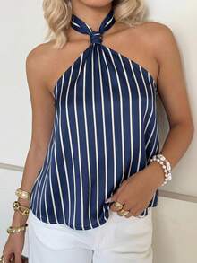 SHEIN EZwear Women's Casual Backless Tie Strap Striped Blouse, Suitable For Vacation, Back To School, Music Festival, Beach Party, Pool Party, Graduation Trip - Multicolor - View 4