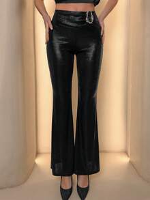 Glamine Women's Fashion Solid Color Asymmetrical Metal Ring Flare Pants - Black - View 1