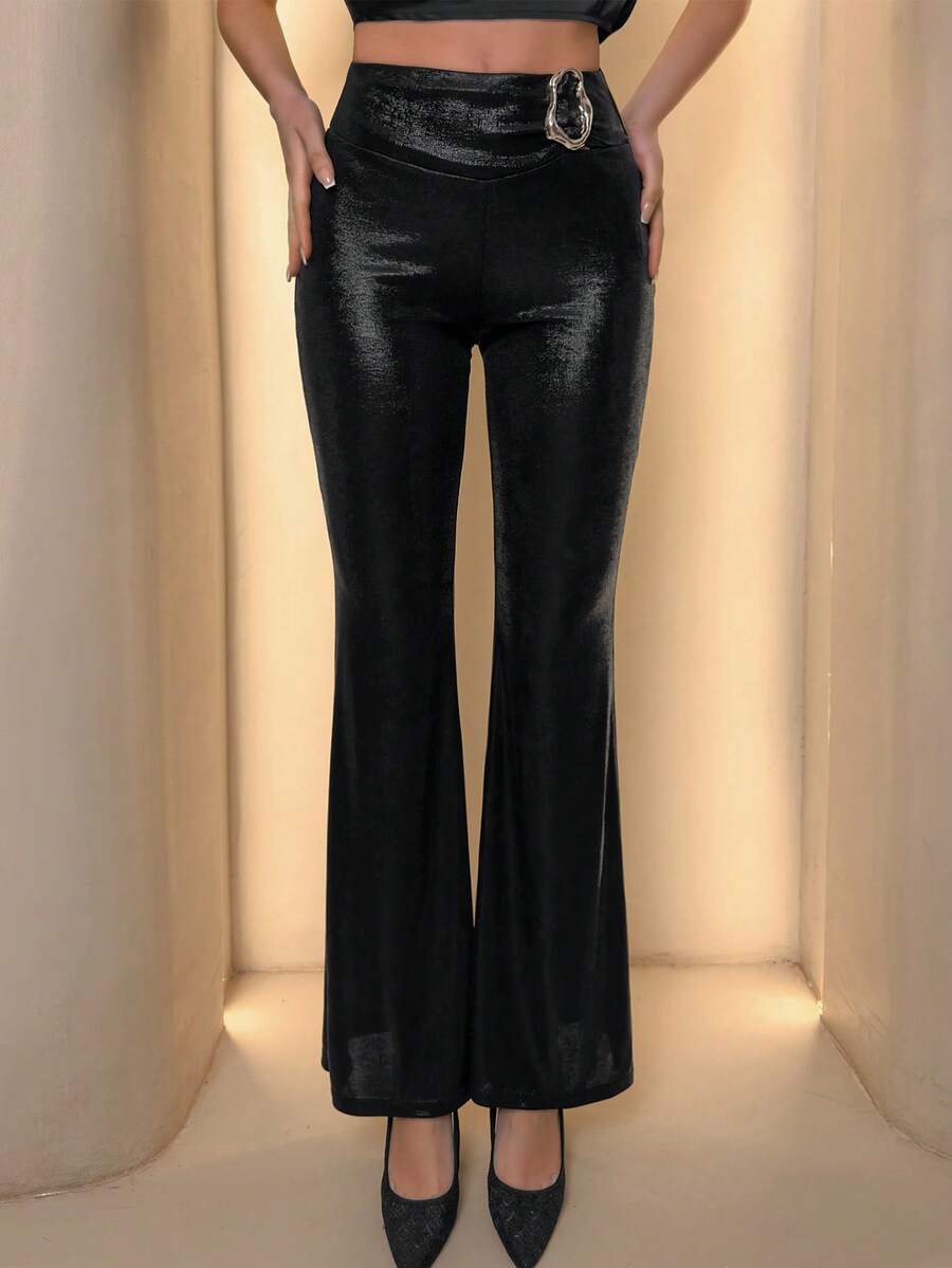 Glamine Women's Fashion Solid Color Asymmetrical Metal Ring Flare Pants - Black - View 1