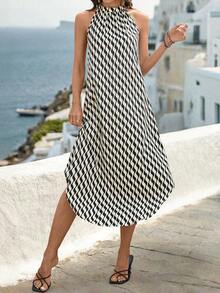 Balvessa 女士夏季立领露背度假波浪不对称下摆无袖长裙 - 杏色 - 查看 4