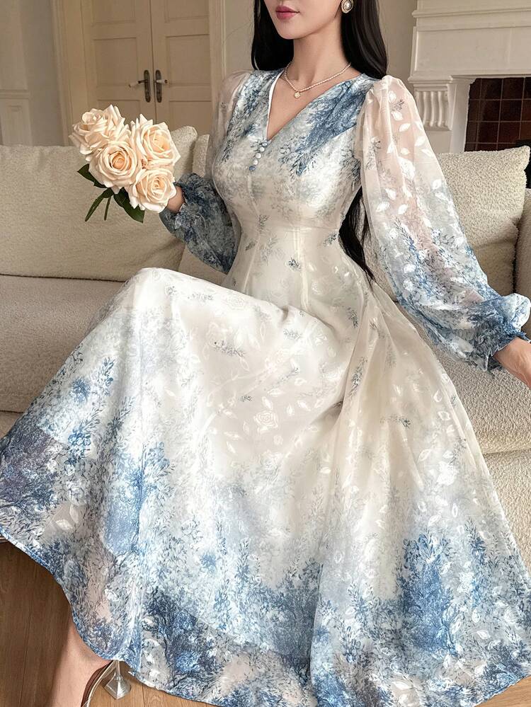 Women's V-Neck Long Sleeve Blue Ditsy Floral Long Dress