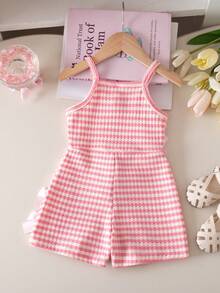 SHEIN Bộ áo liền quần ngắn không tay, co giãn, có nơ trang trí, thích hợp cho bé gái mùa hè, màu hồng. - Hồng - Xem 2