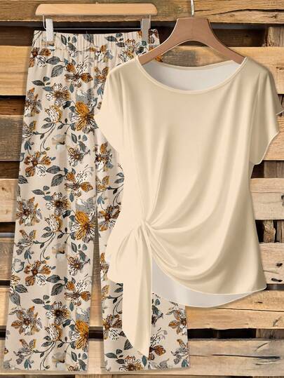 SHEIN Clasi 休闲简约度假波西米亚风优雅复古杏色花卉印花图案，沙滩装、度假装、夏季外出女式衬衫系带蝴蝶结搭配宽松直筒裤两件套