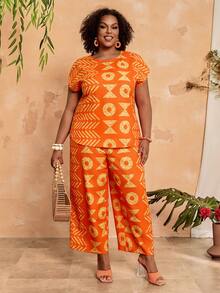 EMERY ROSE Set casual da donna taglie forti composto da top a maniche corte con stampa geometrica e pantaloni a gamba ampia, 2 pezzi - Multicolore - Visualizzare 4