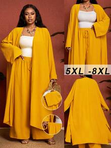 SHEIN CURVE+ Curve 尺码 US22 音乐节、海滨度假、波西米亚纯色纹理宽松蝙蝠袖两件套 - 黃色 - 查看 1