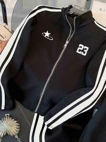 Franclia 女士两件套：修身领开衫外套 + 休闲斜插口袋裤 - 黑色 - 查看 5