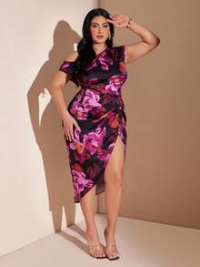 SHEIN BAE 大码女式印花不对称肩部褶皱侧开衩性感时尚连衣裙 - 彩色 - 查看 6