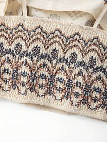 GlowEve 女士杏色底棕色仿刺绣蝴蝶印花系带抹胸上衣和高腰阔腿裤套装，休闲度假风优雅浪漫两件套 - 杏色 - 查看 5