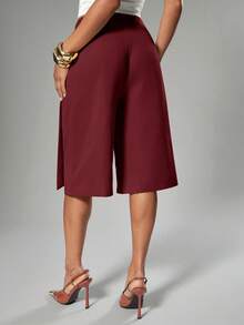 Hauture 女士性感休闲纯色修身裹身阔腿裤百慕大短裤，带系带细节 - 酒紅色 - 查看 4