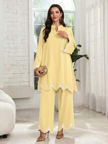 Lacomfia 女士V领刺绣宽松两件套，春夏款 - 黃色 - 查看 5