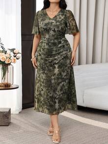 Modelyn 大码女式蝴蝶印花荷叶边短袖优雅连衣裙 - 彩色 - 查看 2