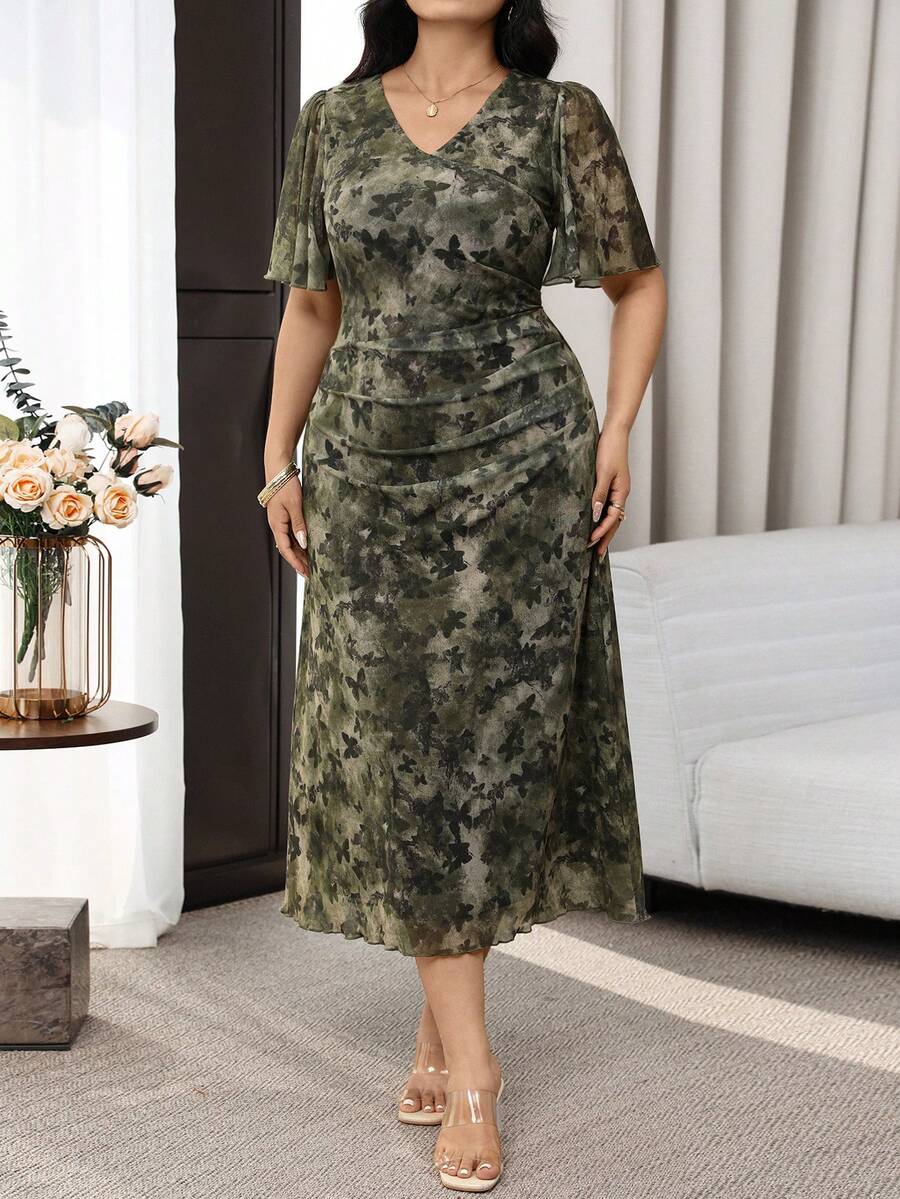 Modelyn 大码女式蝴蝶印花荷叶边短袖优雅连衣裙