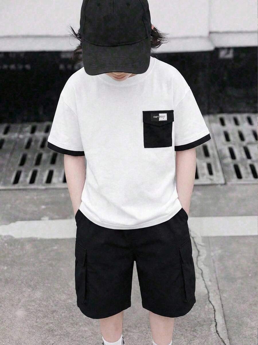 SHEIN 2pcs Tween Boy Black And White Contrast Color Block Pocket Round Neck Short Sleeve T-Shirt And Cargo Shorts Set,Back-To-School Summer Casual School - Black - View 1