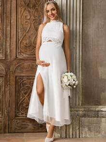 SHEIN White Summer Elegant Maternity Wedding Two-Piece Set,Pregnant Floral Lace Camisole And Side Slit Hem Midi Skirt,Comfortable Co Ord 2 Pieces Set - White - View 4