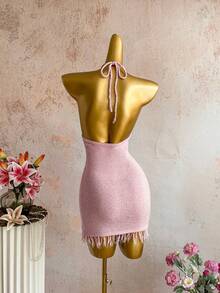 Elamini Y2K Damen Frühling/Sommer Insel Strand Mode Pailletten Quasten Dekor Neckholder Rückenfreies Bodycon Strickkleid - Pink - Übersicht 2
