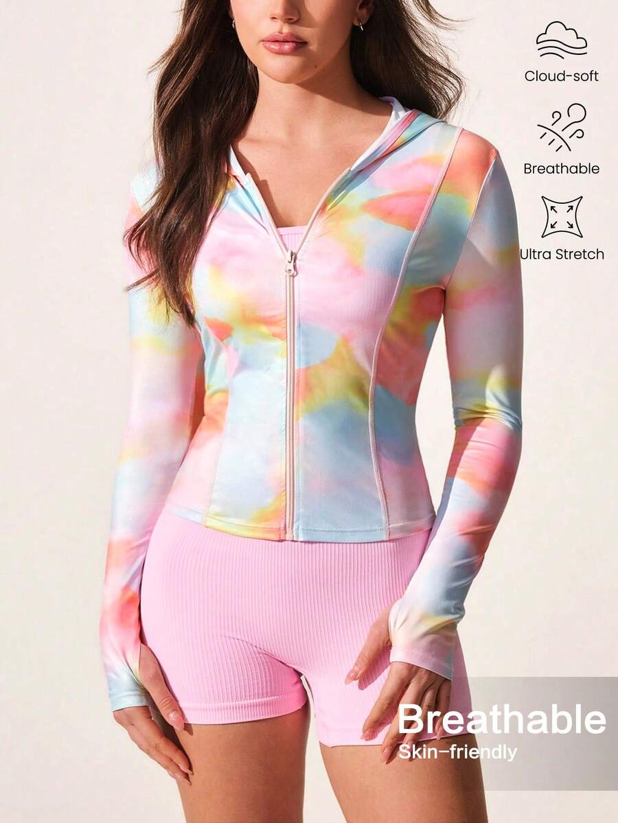 SHEIN Sovereign Charm 女士扎染拉链休闲百搭日常长袖运动夹克 - 彩色 - 查看 1