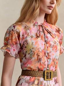 Arave 优雅印花雪纺荷叶边下摆女式连衣裙 - 粉色 - 查看 5