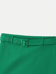 lacRébo 绿色迷你裙，配同色腰带，秋冬复古风 - 綠色 - 查看 11