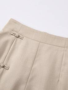 EMERY ROSE Women's Casual Commute Daily Outing Elastic Waist Round Slit Design Chinese Knot Button Decor Shorts - Apricot - View 3