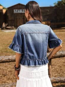 Breezaya 女士荷叶边袖单排扣休闲牛仔外套 - 藍色 - 查看 2