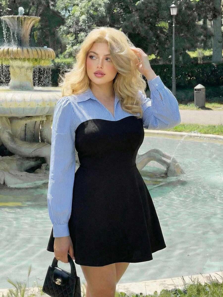 SHEIN MOD 大码优雅通勤连衣裙，蓝白条纹和黑色拼色，仿两件套外观。翻领连衣裙。长袖连衣裙。蓝色条纹连衣裙，温布尔登风格，温布尔登套装，女士秋季服装 - 彩色 - 查看 1