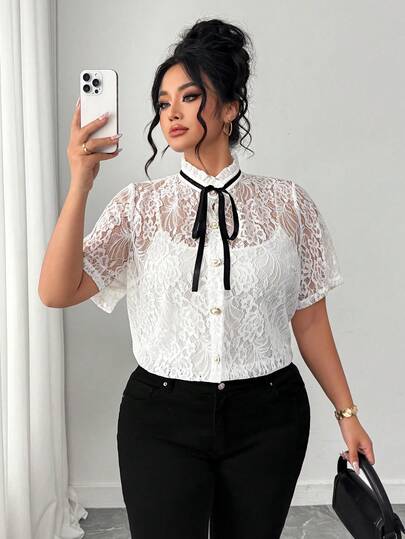 Elenzga Blusa blanca elegante de encaje texturizado y calado para mujer de talla grande, adecuada para graduación, vacaciones, Día de San Valentín, festivales de música, Día de la Madre, Halloween, Acción de Gracias, Pascua, Día Nacional